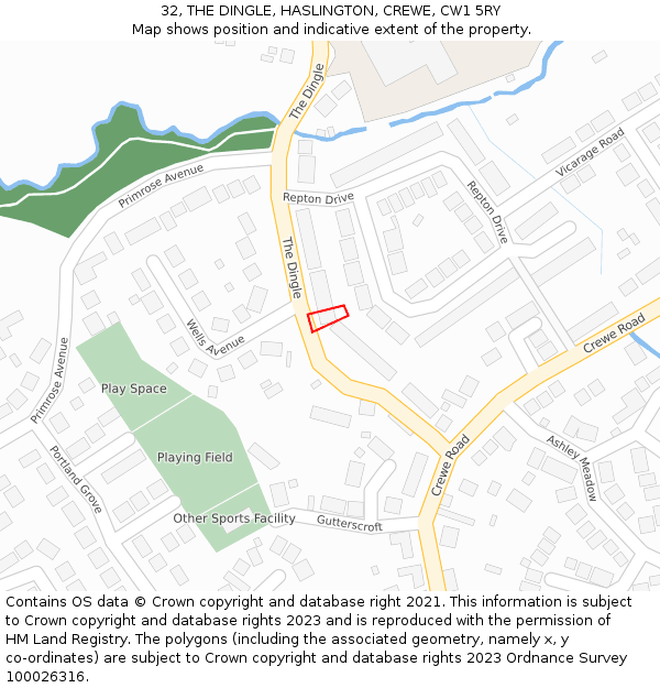 32, THE DINGLE, HASLINGTON, CREWE, CW1 5RY: Location map and indicative extent of plot
