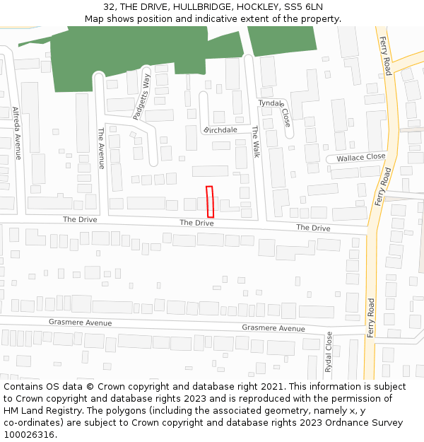 32, THE DRIVE, HULLBRIDGE, HOCKLEY, SS5 6LN: Location map and indicative extent of plot