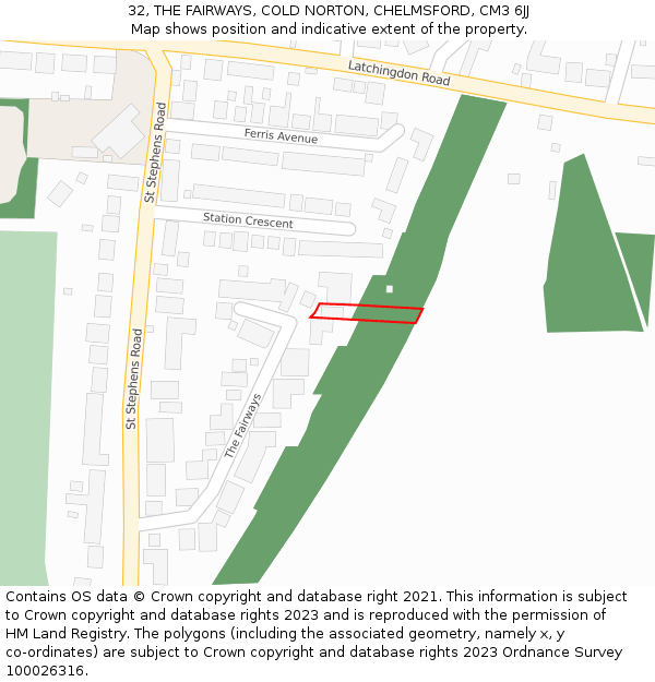 32, THE FAIRWAYS, COLD NORTON, CHELMSFORD, CM3 6JJ: Location map and indicative extent of plot