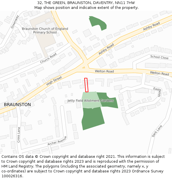 32, THE GREEN, BRAUNSTON, DAVENTRY, NN11 7HW: Location map and indicative extent of plot