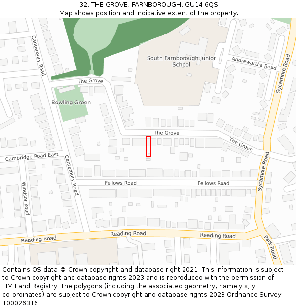 32, THE GROVE, FARNBOROUGH, GU14 6QS: Location map and indicative extent of plot