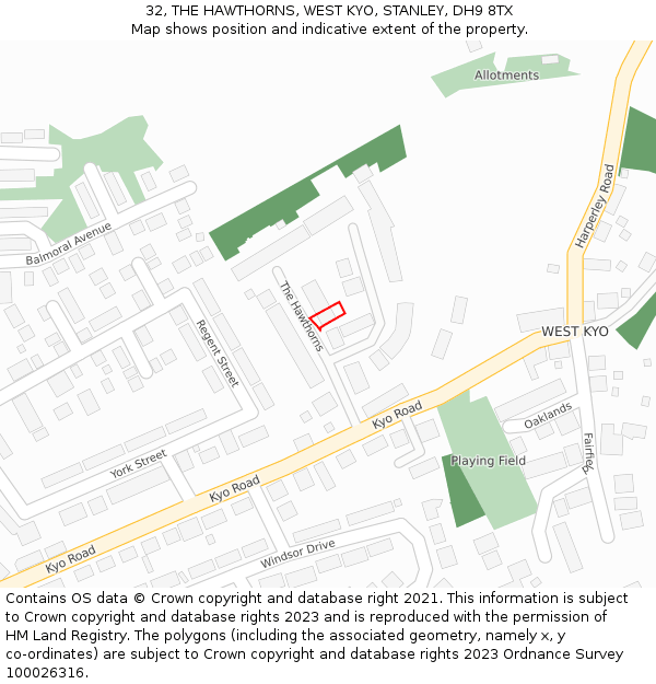 32, THE HAWTHORNS, WEST KYO, STANLEY, DH9 8TX: Location map and indicative extent of plot