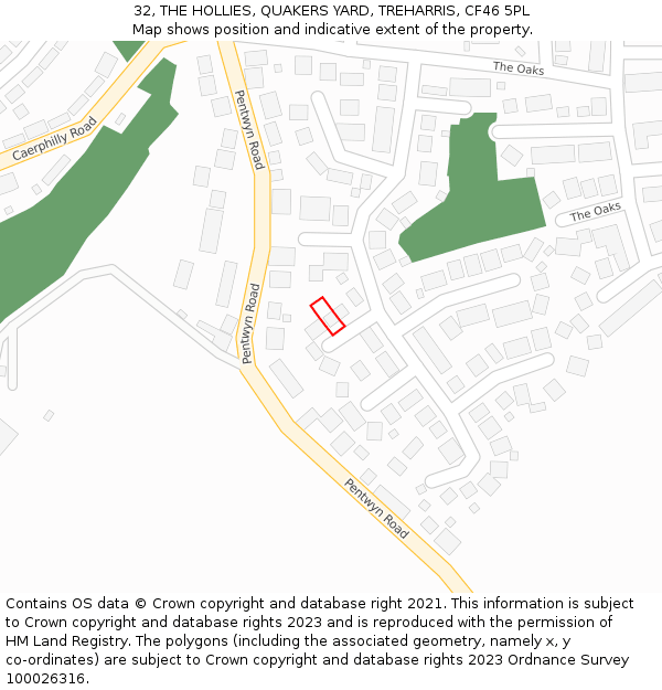 32, THE HOLLIES, QUAKERS YARD, TREHARRIS, CF46 5PL: Location map and indicative extent of plot