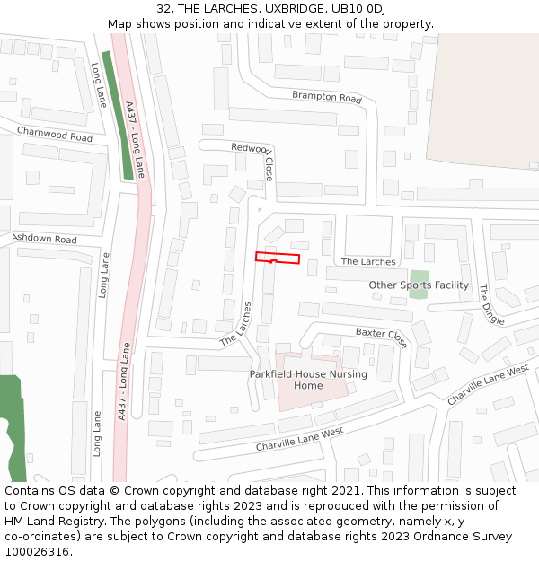 32, THE LARCHES, UXBRIDGE, UB10 0DJ: Location map and indicative extent of plot