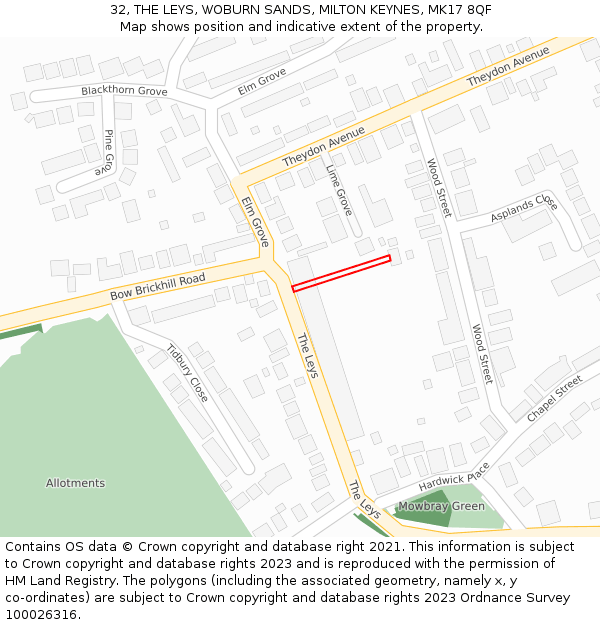 32, THE LEYS, WOBURN SANDS, MILTON KEYNES, MK17 8QF: Location map and indicative extent of plot