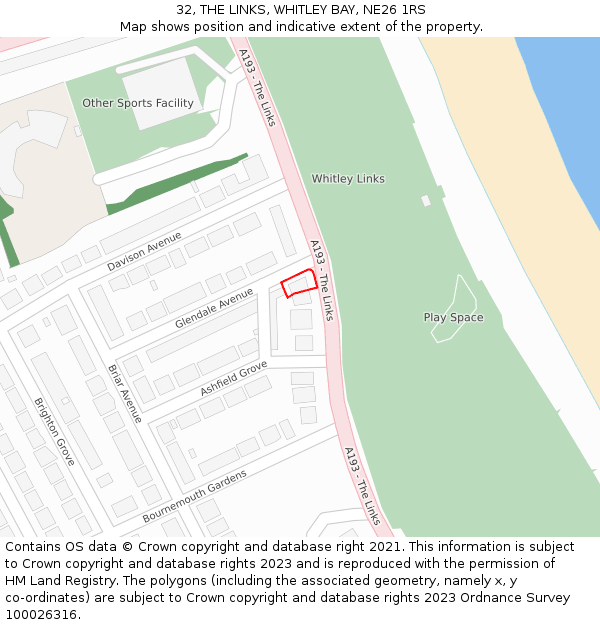 32, THE LINKS, WHITLEY BAY, NE26 1RS: Location map and indicative extent of plot