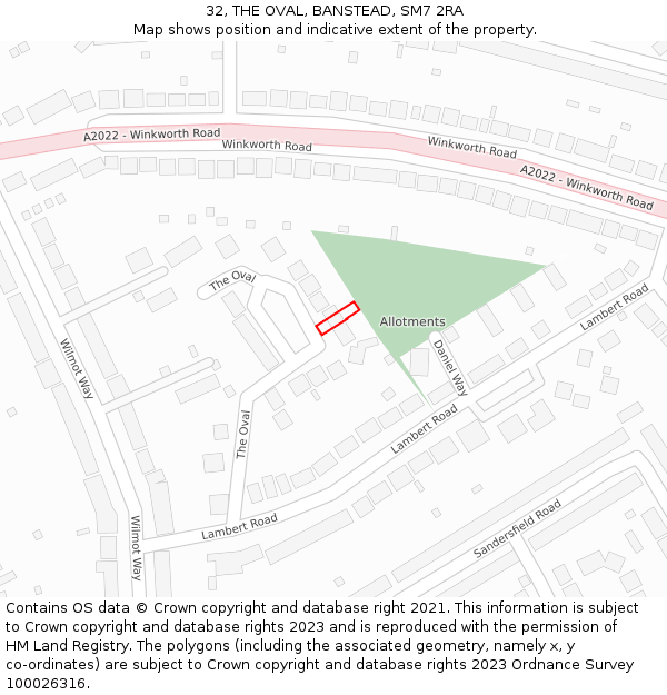 32, THE OVAL, BANSTEAD, SM7 2RA: Location map and indicative extent of plot