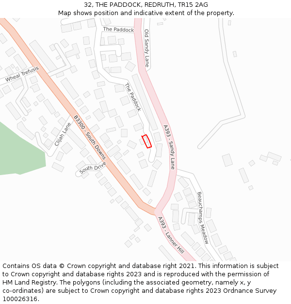 32, THE PADDOCK, REDRUTH, TR15 2AG: Location map and indicative extent of plot