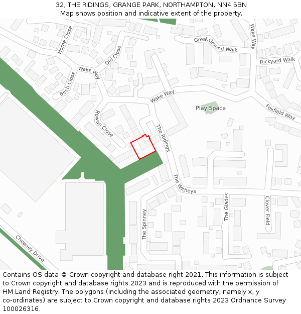 32, THE RIDINGS, GRANGE PARK, NORTHAMPTON, NN4 5BN: Location map and indicative extent of plot