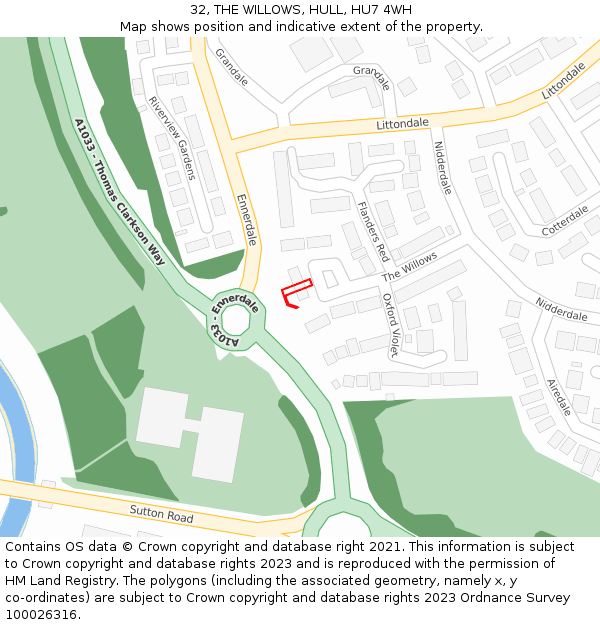 32, THE WILLOWS, HULL, HU7 4WH: Location map and indicative extent of plot