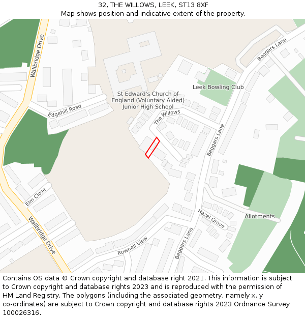 32, THE WILLOWS, LEEK, ST13 8XF: Location map and indicative extent of plot