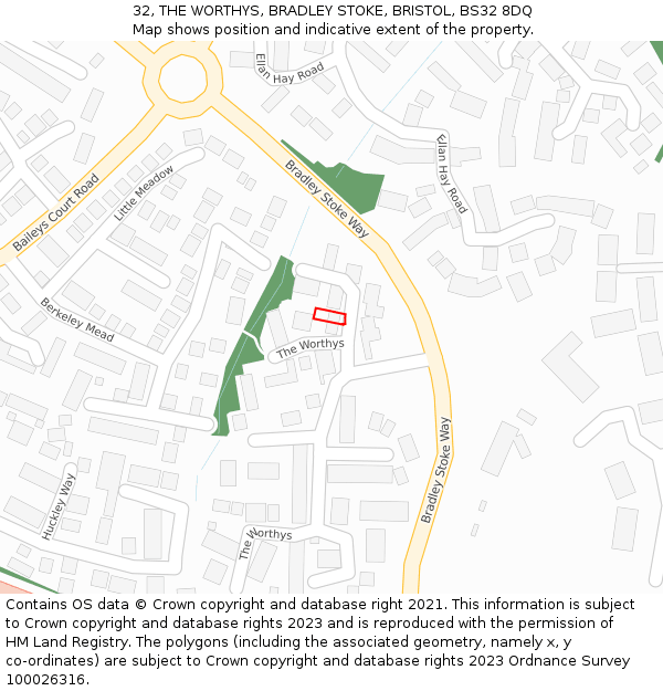 32, THE WORTHYS, BRADLEY STOKE, BRISTOL, BS32 8DQ: Location map and indicative extent of plot