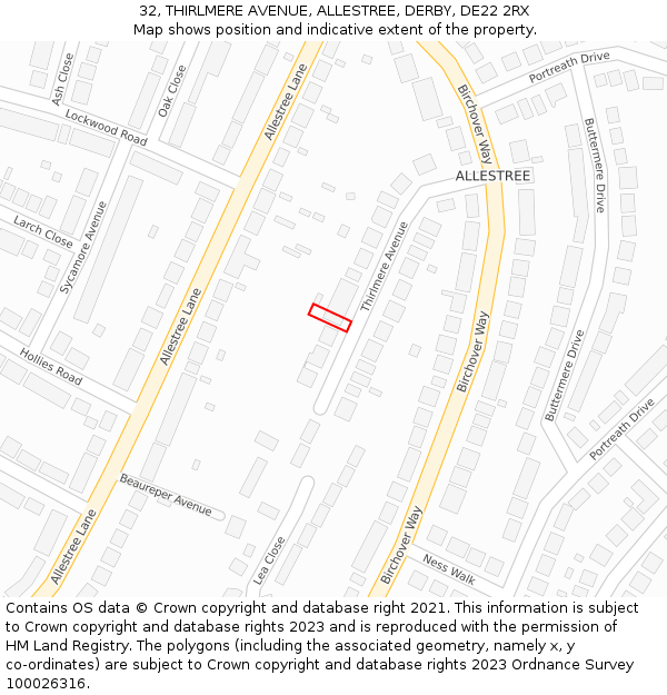 32, THIRLMERE AVENUE, ALLESTREE, DERBY, DE22 2RX: Location map and indicative extent of plot