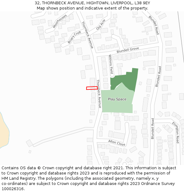 32, THORNBECK AVENUE, HIGHTOWN, LIVERPOOL, L38 9EY: Location map and indicative extent of plot