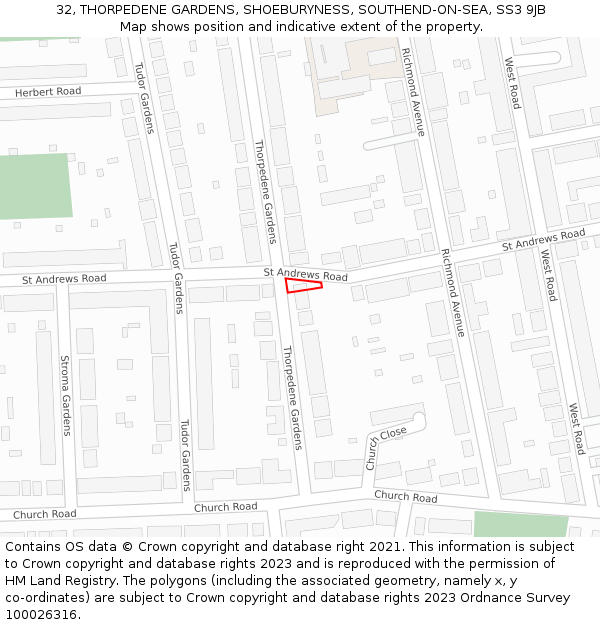 32, THORPEDENE GARDENS, SHOEBURYNESS, SOUTHEND-ON-SEA, SS3 9JB: Location map and indicative extent of plot