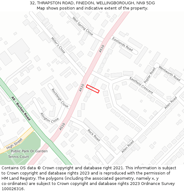 32, THRAPSTON ROAD, FINEDON, WELLINGBOROUGH, NN9 5DG: Location map and indicative extent of plot