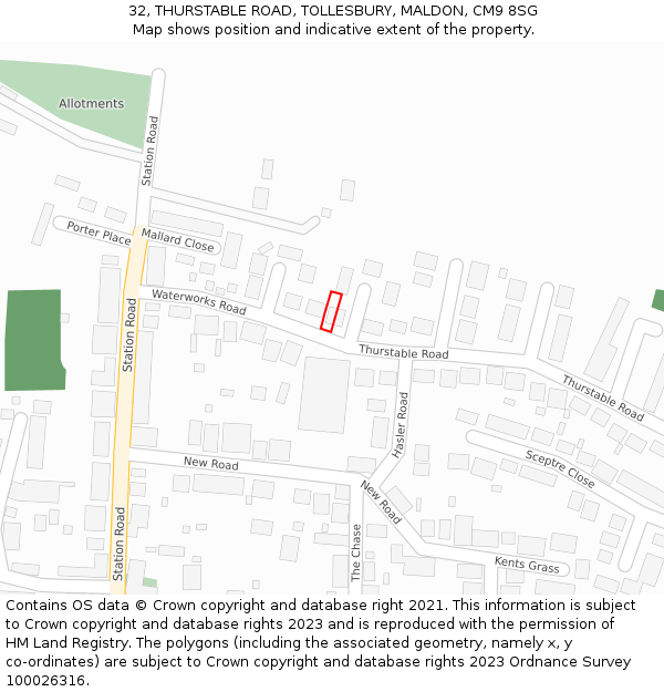 32, THURSTABLE ROAD, TOLLESBURY, MALDON, CM9 8SG: Location map and indicative extent of plot