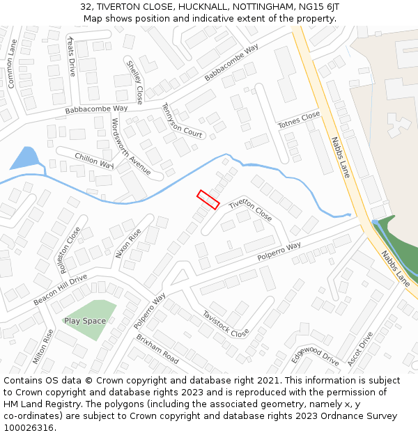32, TIVERTON CLOSE, HUCKNALL, NOTTINGHAM, NG15 6JT: Location map and indicative extent of plot