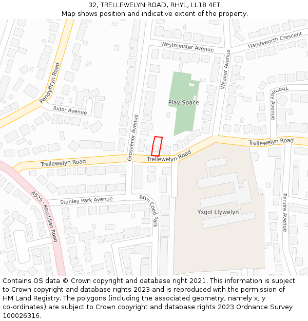 32, TRELLEWELYN ROAD, RHYL, LL18 4ET: Location map and indicative extent of plot