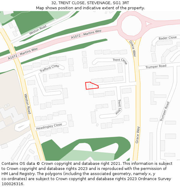 32, TRENT CLOSE, STEVENAGE, SG1 3RT: Location map and indicative extent of plot