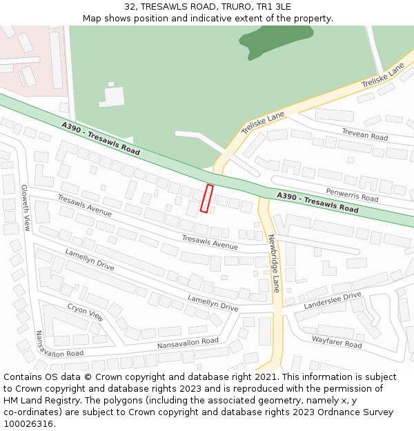 32, TRESAWLS ROAD, TRURO, TR1 3LE: Location map and indicative extent of plot