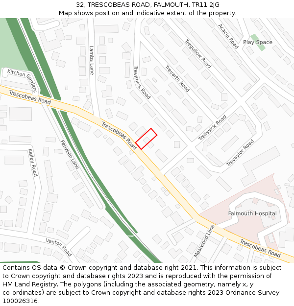 32, TRESCOBEAS ROAD, FALMOUTH, TR11 2JG: Location map and indicative extent of plot