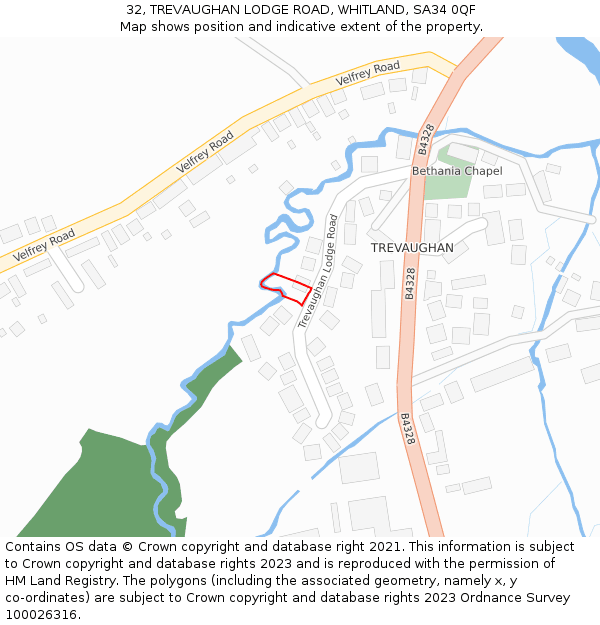 32, TREVAUGHAN LODGE ROAD, WHITLAND, SA34 0QF: Location map and indicative extent of plot