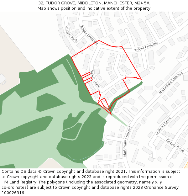 32, TUDOR GROVE, MIDDLETON, MANCHESTER, M24 5AJ: Location map and indicative extent of plot
