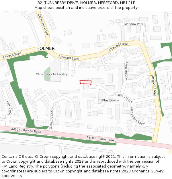 32, TURNBERRY DRIVE, HOLMER, HEREFORD, HR1 1LP: Location map and indicative extent of plot