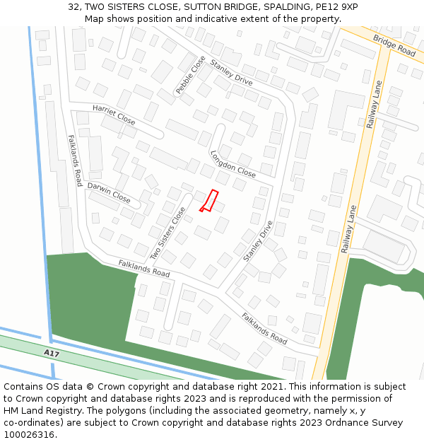 32, TWO SISTERS CLOSE, SUTTON BRIDGE, SPALDING, PE12 9XP: Location map and indicative extent of plot