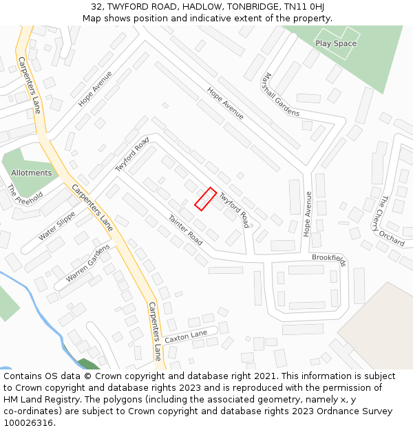 32, TWYFORD ROAD, HADLOW, TONBRIDGE, TN11 0HJ: Location map and indicative extent of plot