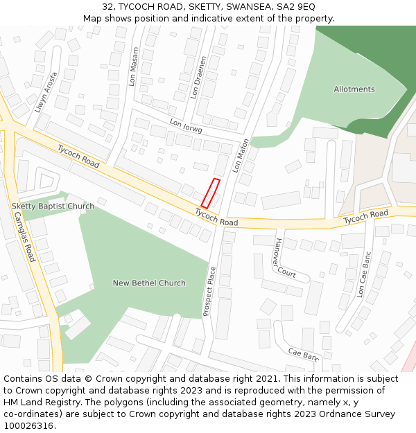 32, TYCOCH ROAD, SKETTY, SWANSEA, SA2 9EQ: Location map and indicative extent of plot