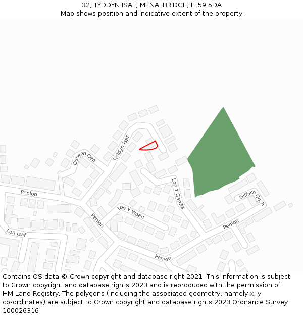 32, TYDDYN ISAF, MENAI BRIDGE, LL59 5DA: Location map and indicative extent of plot