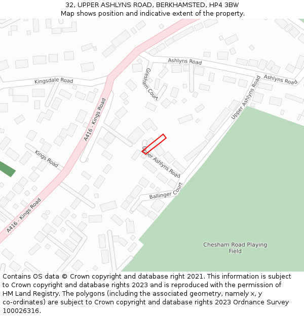 32, UPPER ASHLYNS ROAD, BERKHAMSTED, HP4 3BW: Location map and indicative extent of plot