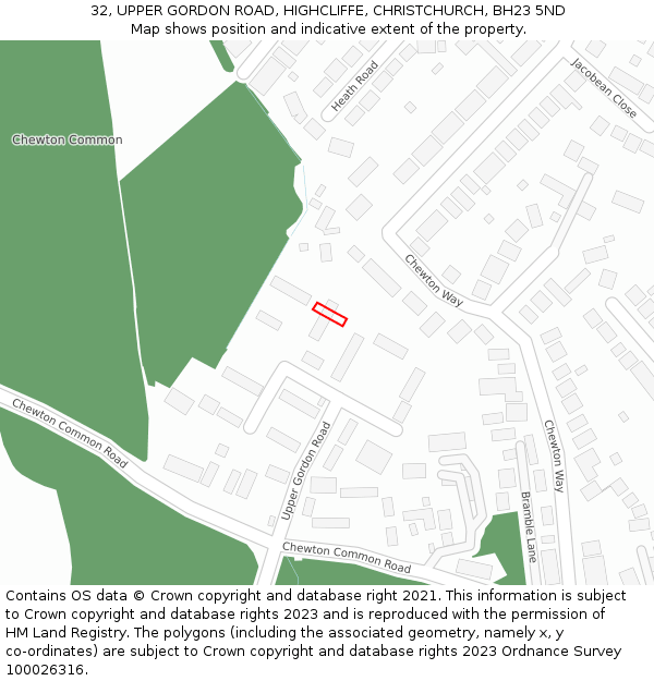 32, UPPER GORDON ROAD, HIGHCLIFFE, CHRISTCHURCH, BH23 5ND: Location map and indicative extent of plot