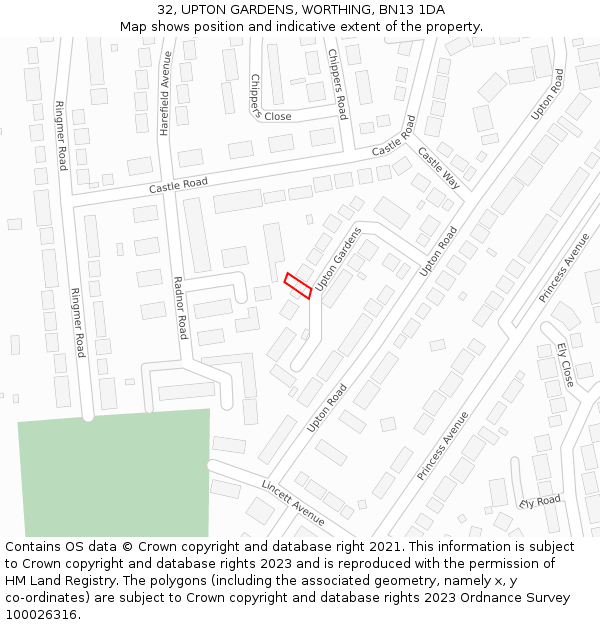 32, UPTON GARDENS, WORTHING, BN13 1DA: Location map and indicative extent of plot