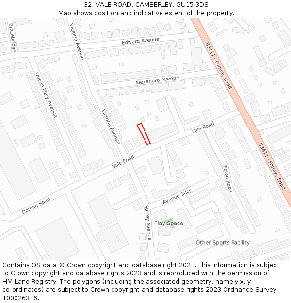 32, VALE ROAD, CAMBERLEY, GU15 3DS: Location map and indicative extent of plot