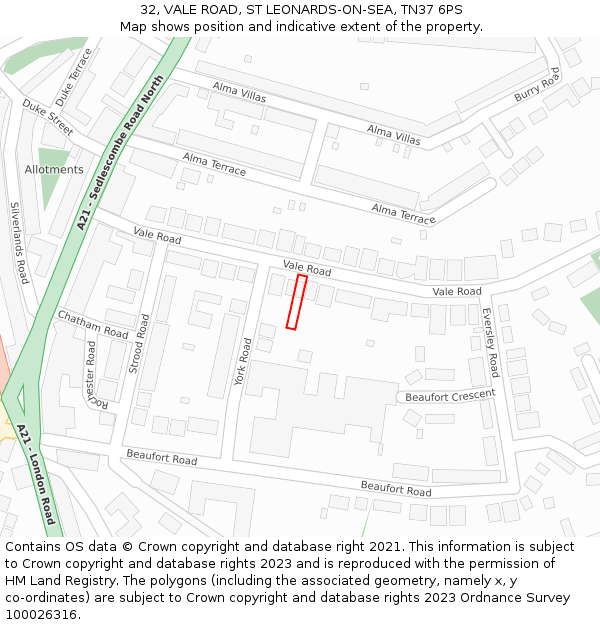 32, VALE ROAD, ST LEONARDS-ON-SEA, TN37 6PS: Location map and indicative extent of plot