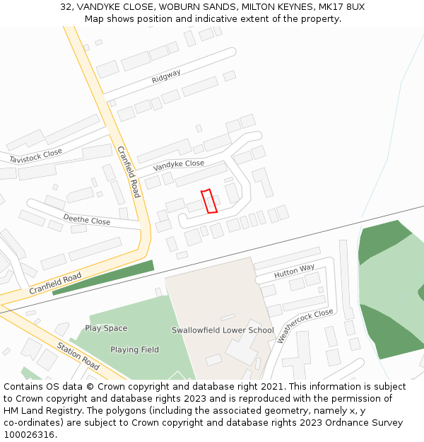 32, VANDYKE CLOSE, WOBURN SANDS, MILTON KEYNES, MK17 8UX: Location map and indicative extent of plot