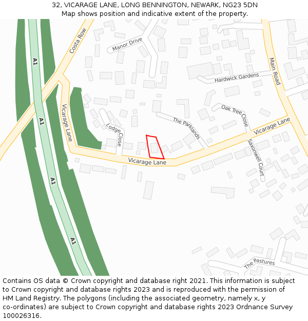 32, VICARAGE LANE, LONG BENNINGTON, NEWARK, NG23 5DN: Location map and indicative extent of plot