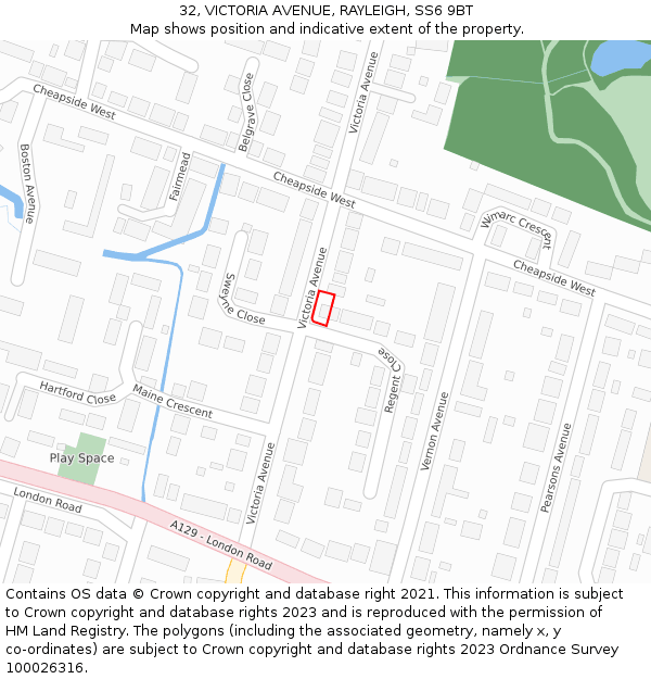 32, VICTORIA AVENUE, RAYLEIGH, SS6 9BT: Location map and indicative extent of plot