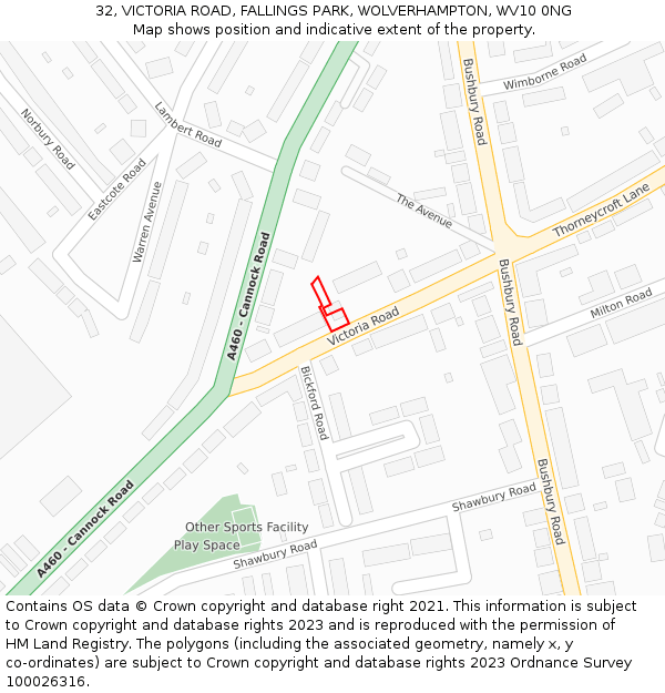 32, VICTORIA ROAD, FALLINGS PARK, WOLVERHAMPTON, WV10 0NG: Location map and indicative extent of plot