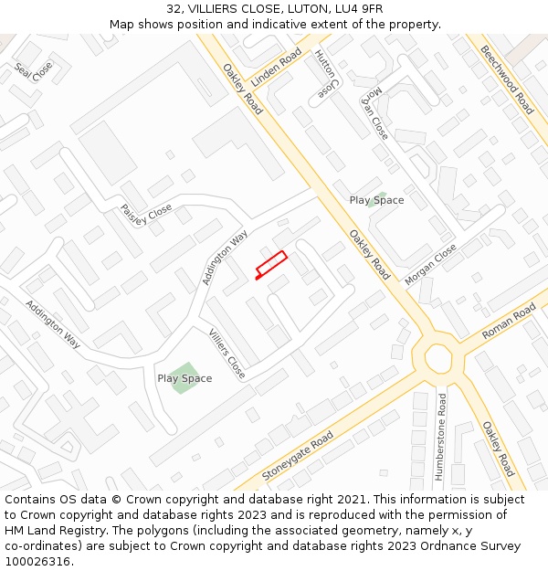 32, VILLIERS CLOSE, LUTON, LU4 9FR: Location map and indicative extent of plot