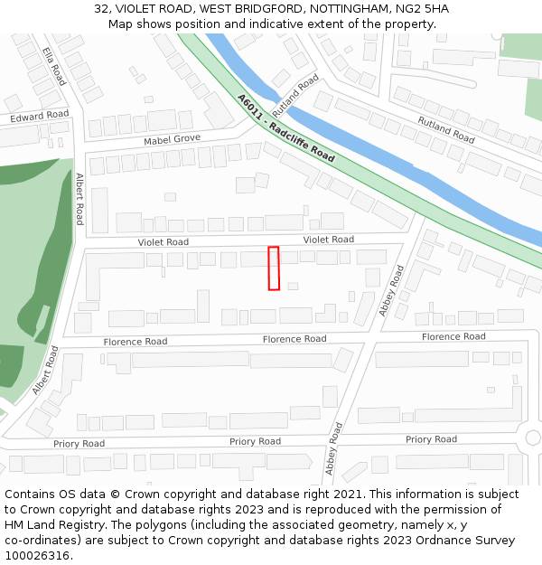 32, VIOLET ROAD, WEST BRIDGFORD, NOTTINGHAM, NG2 5HA: Location map and indicative extent of plot