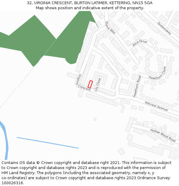 32, VIRGINIA CRESCENT, BURTON LATIMER, KETTERING, NN15 5GA: Location map and indicative extent of plot