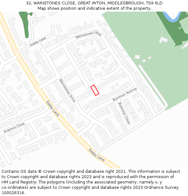 32, WAINSTONES CLOSE, GREAT AYTON, MIDDLESBROUGH, TS9 6LD: Location map and indicative extent of plot