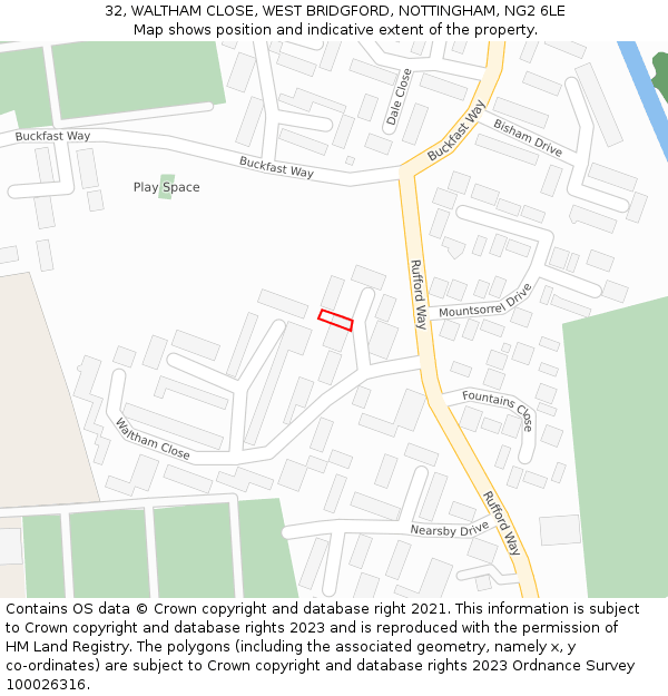 32, WALTHAM CLOSE, WEST BRIDGFORD, NOTTINGHAM, NG2 6LE: Location map and indicative extent of plot