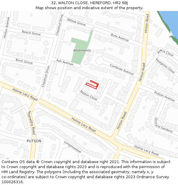 32, WALTON CLOSE, HEREFORD, HR2 6BJ: Location map and indicative extent of plot