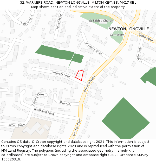 32, WARNERS ROAD, NEWTON LONGVILLE, MILTON KEYNES, MK17 0BL: Location map and indicative extent of plot