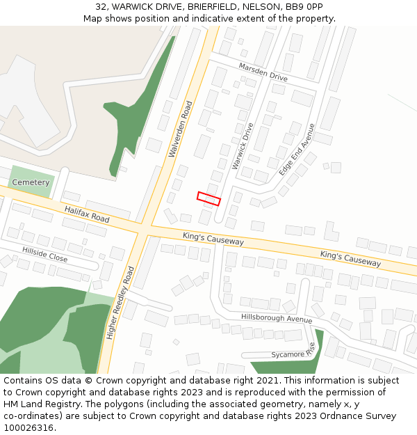 32, WARWICK DRIVE, BRIERFIELD, NELSON, BB9 0PP: Location map and indicative extent of plot
